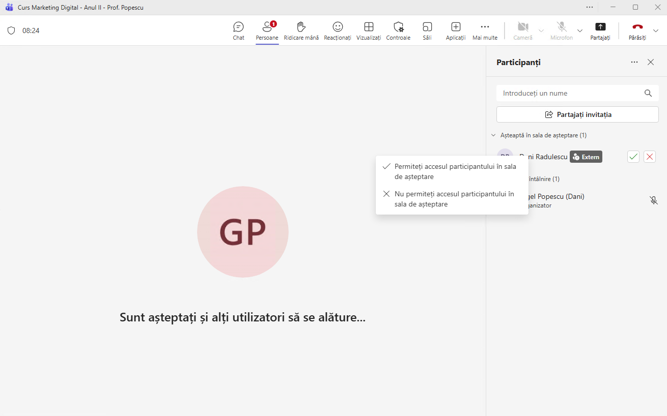Notificarea pentru admiterea studenților din sala de așteptare